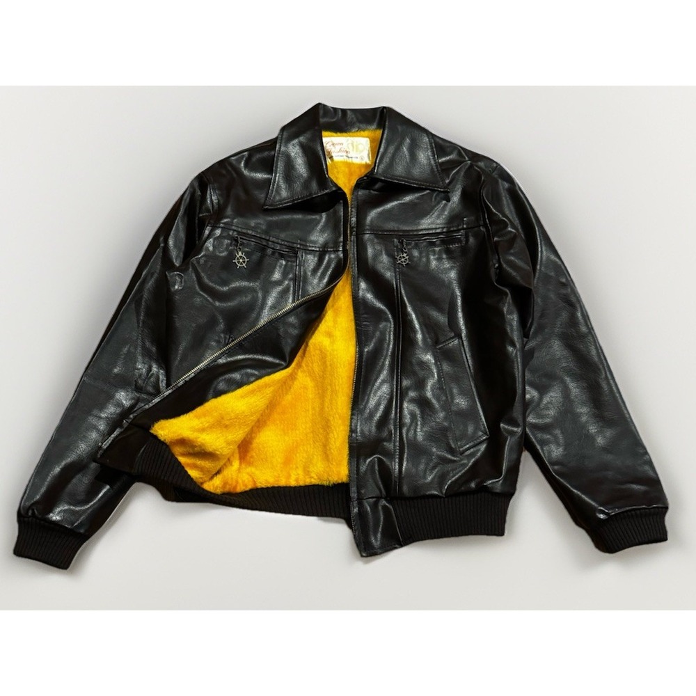 Vintage 60s Navy Vegan Leather Deck Bomber Jacket Yellow Fleece Lined Hercules